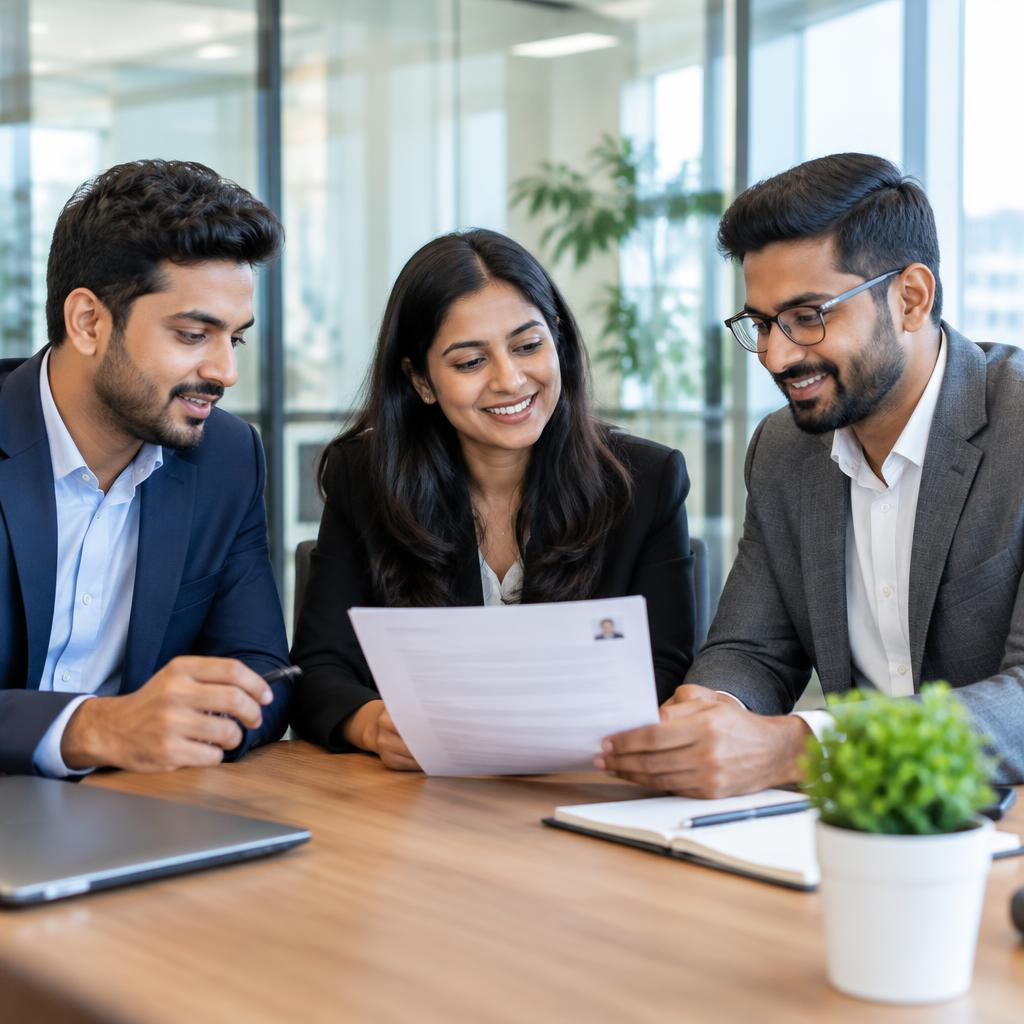Illustrative recruitment consultants reviewing a candidate profile together
